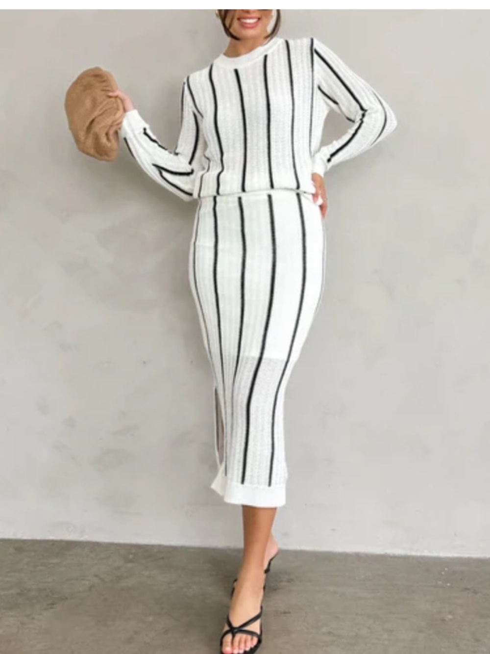 Ivory & Black Stripe Open Knit Midi Skirt & Sweater Set, XL